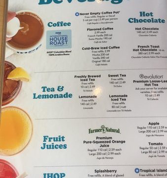 IHOP coffee menu with prices listed for hot coffee, iced coffee, and specialty blends.