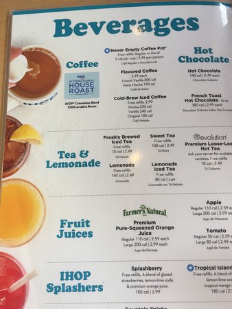 IHOP coffee menu with prices listed for hot coffee, iced coffee, and specialty blends.