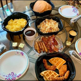 IHOP Family Feast takeout with pancakes, eggs, bacon, and sausage
